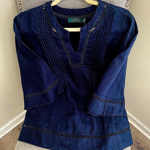 Lauren Ralph Lauren Women's Shirt Tunic Top, Split Round Neck Blouse 100% Linen - Picture 1 of 5